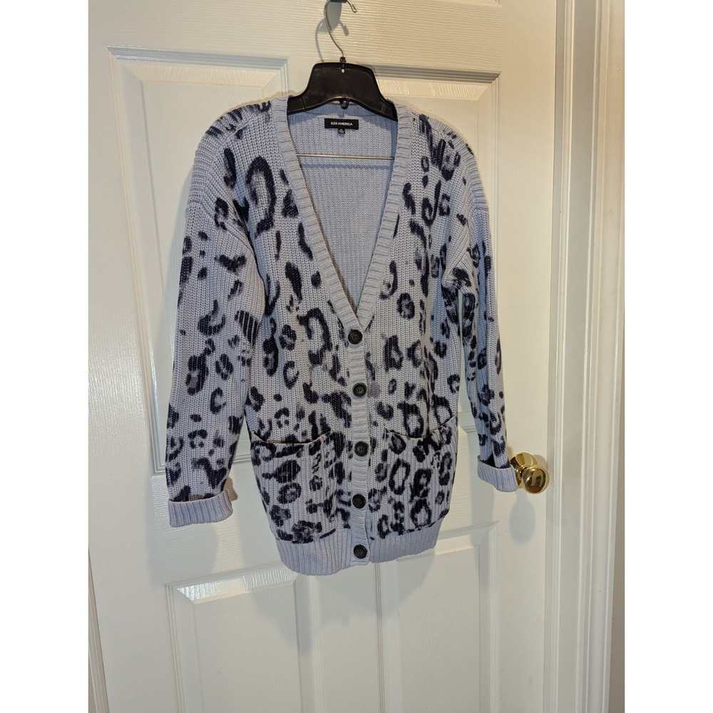 Coastal Preppy Leopard Cardigan 525 America Cotton Chunky Knit Quiet Luxury XS - Picture 2 of 9